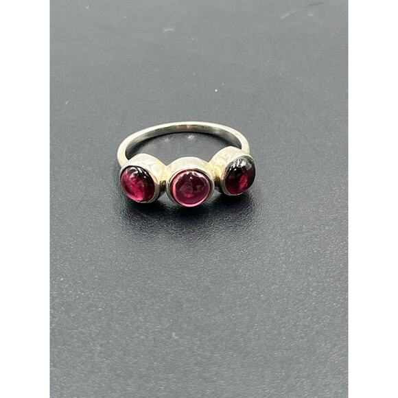 Sterling Silver Bezel Set Three Round Red Garnet Cabochon January Ring size 8.25 - Picture 6 of 8